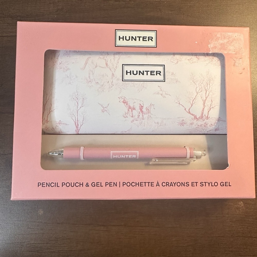 HUNTER Brand Pencil Pouch & Gel Pen Boxed Gift Set Farmhouse Toile Design Pink